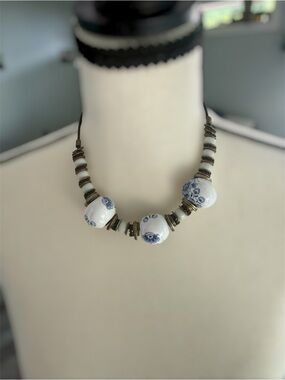 Handcrafted White and Blue Ceramic Bead Necklace